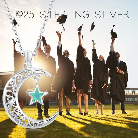 Sterling Silver Moon Star Necklace with Opal Star and Crescent Moon Pendant, 18i - Picture 7 of 7